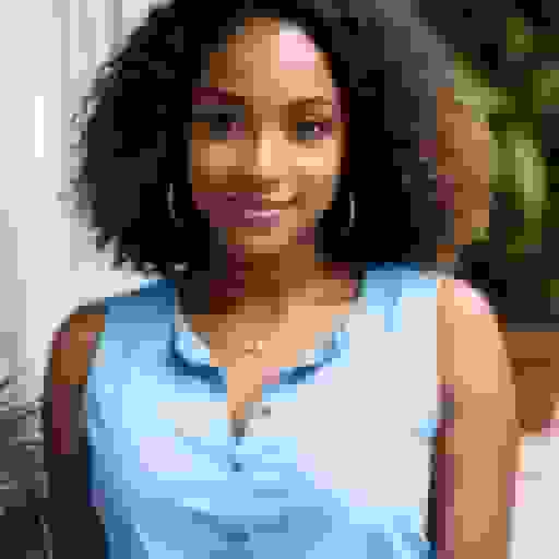 woman actor headshot with blue shirt