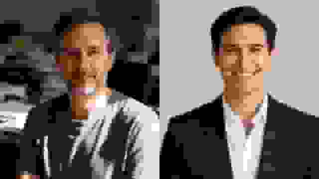 Two professional headshots of men: one in a t-shirt, the other in a suit, both smiling.